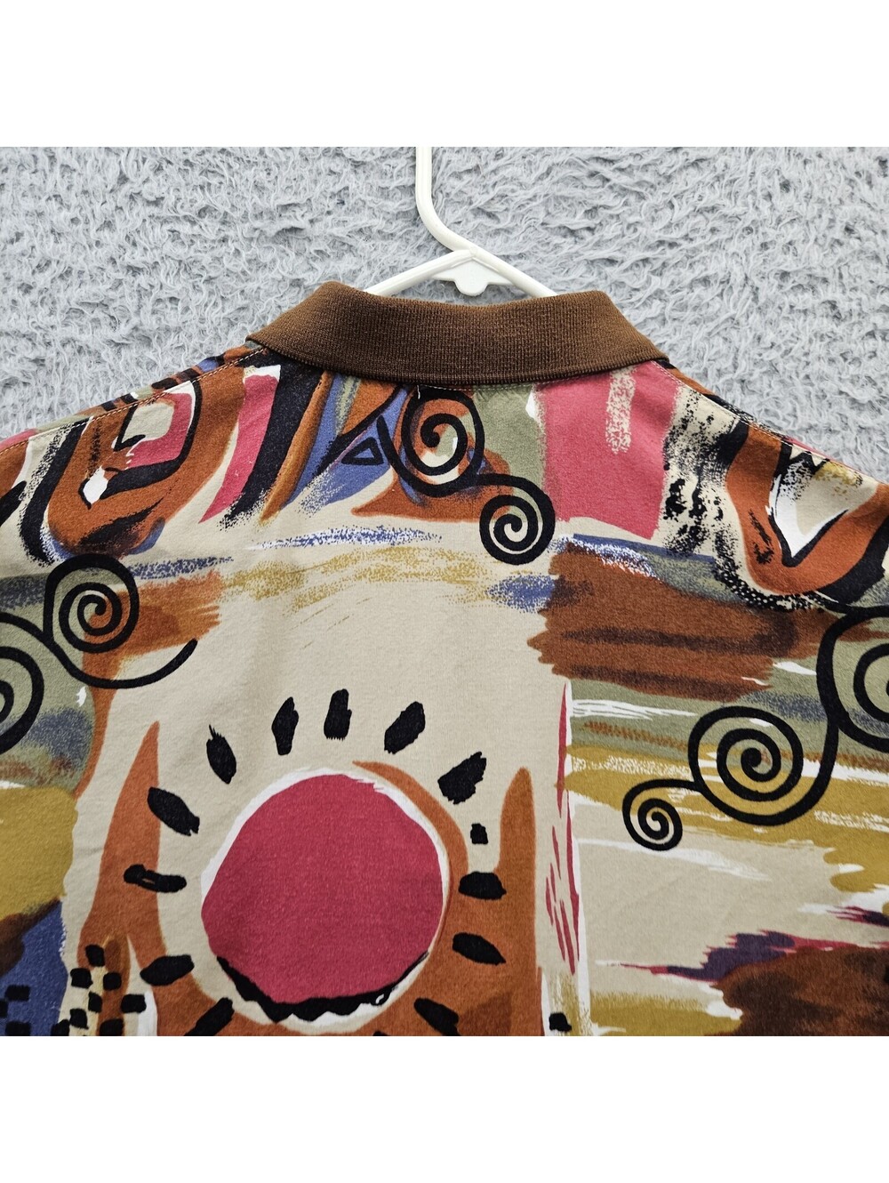Vintage 70s ACEWIN Polo Shirt Rayon Men Large Art Abstract All Over Print - Picture 7 of 11